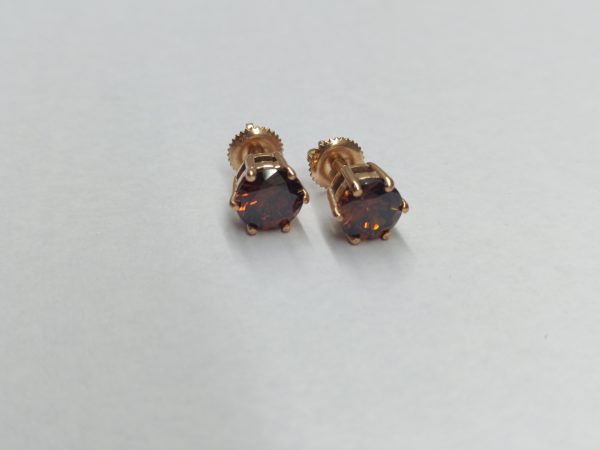 Round Cut Brownish Diamond Stud Earrings - Image 4
