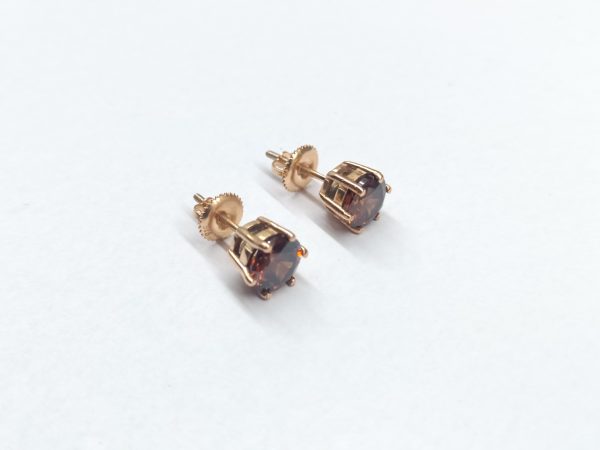 Round Cut Brownish Diamond Stud Earrings - Image 6