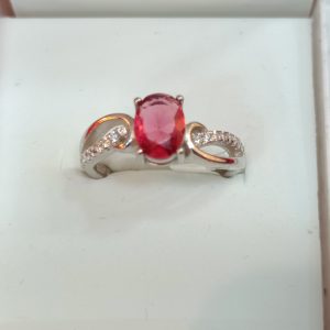 Twist Band Silver Ring with Oval Red Center Stone