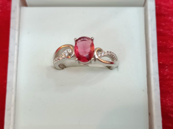 Twist Band Silver Ring with Oval Red Center Stone