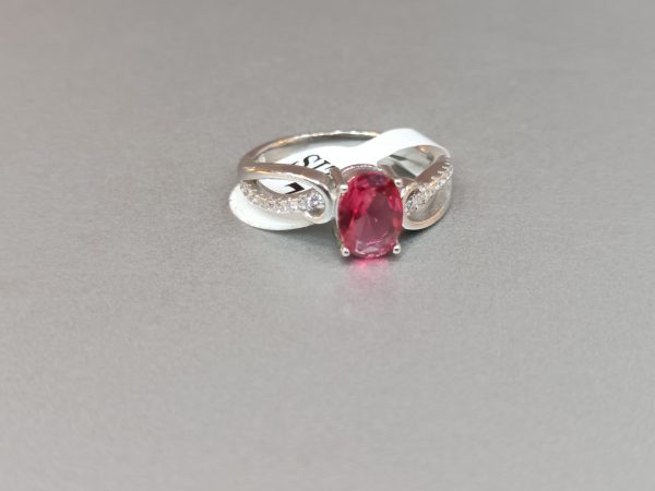 Twist Band Silver Ring with Oval Red Center Stone - Image 4