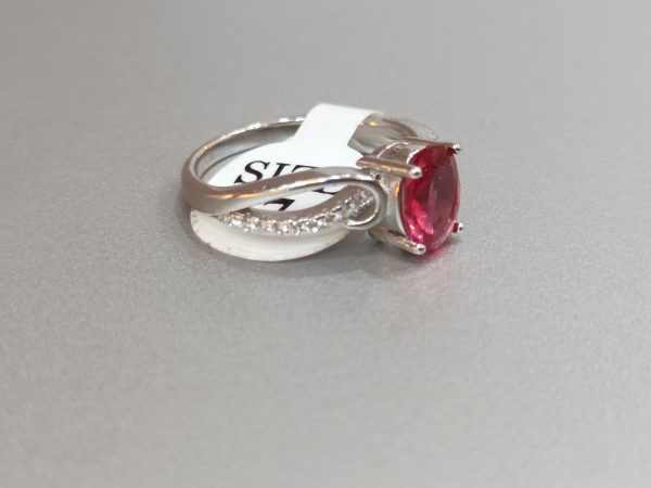 Twist Band Silver Ring with Oval Red Center Stone - Image 5