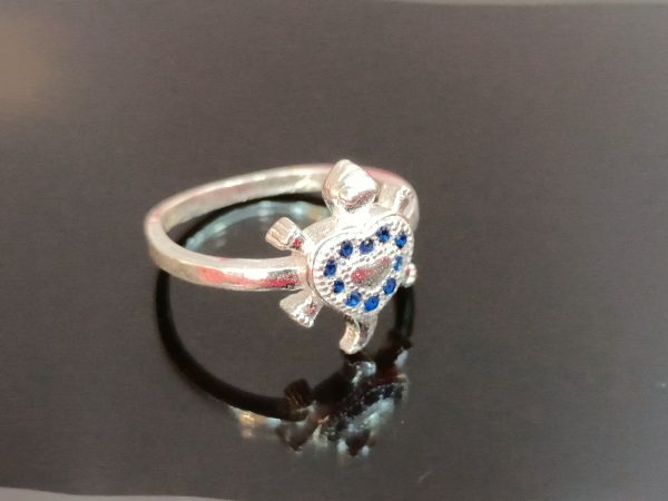 Sterling Silver Turtle Ring with Blue and White Gemstones – Playful Charm Meets Oceanic Elegance