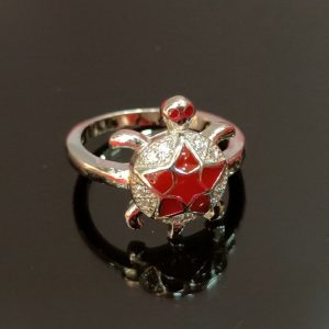 Sterling Silver Turtle Ring with Red Enamel and Crystal Accents – Playful Charm with Ocean-Inspired Elegance
