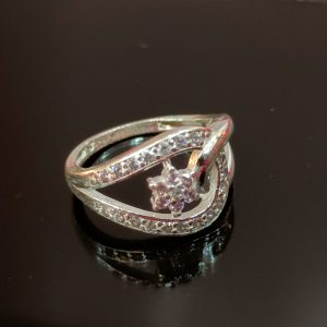 Sterling Silver Criss-Cross Halo Ring with Cluster Center – Twisting Elegance with Radiant Sparkle