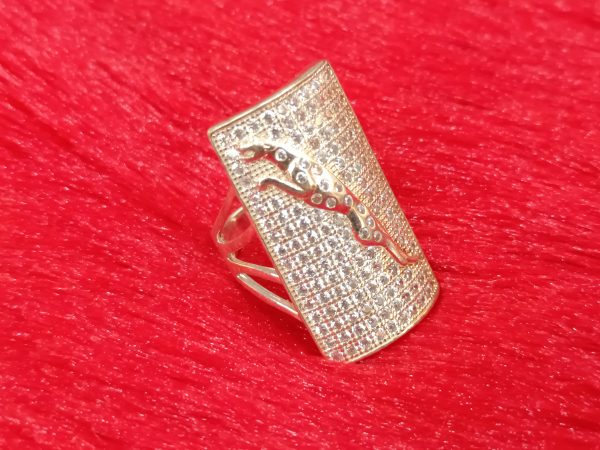 Sterling Silver Rectangle Pave Ring with Leaping Panther Design – Bold Glamour and Fierce Elegance