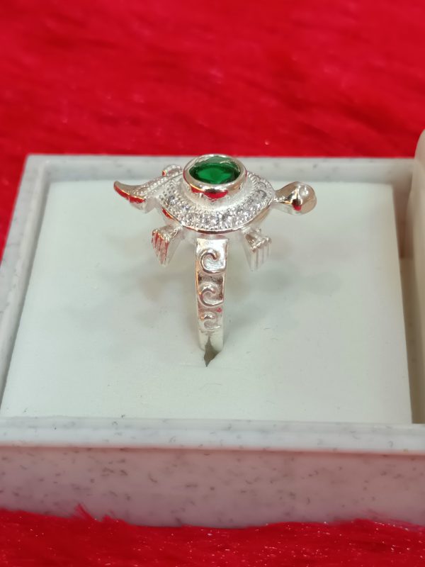 Sterling Silver Turtle Ring with Green Gemstone Center – Pavé Detailing & Scroll Band Design - Image 4