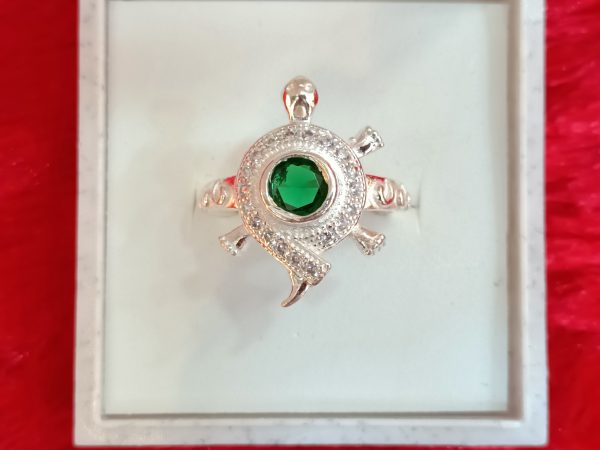 Sterling Silver Turtle Ring with Green Gemstone Center – Pavé Detailing & Scroll Band Design - Image 3