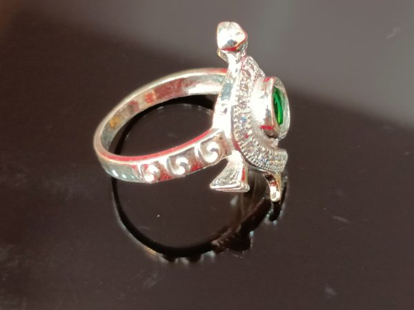 Sterling Silver Turtle Ring with Green Gemstone Center – Pavé Detailing & Scroll Band Design - Image 2