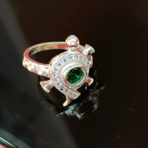 Sterling Silver Turtle Ring with Green Gemstone Center – Pavé Detailing & Scroll Band Design