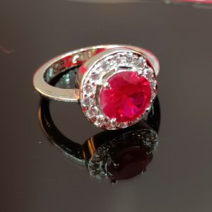 Sterling Silver Ring with Ruby Red CZ Center Stone and Pavé CZ Halo
