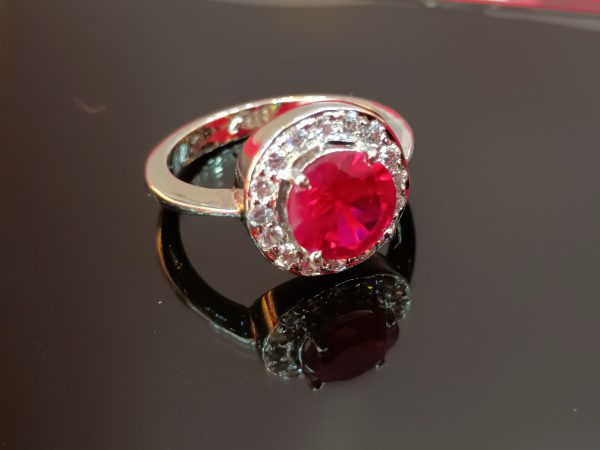 Sterling Silver Ring with Ruby Red CZ Center Stone and Pavé CZ Halo
