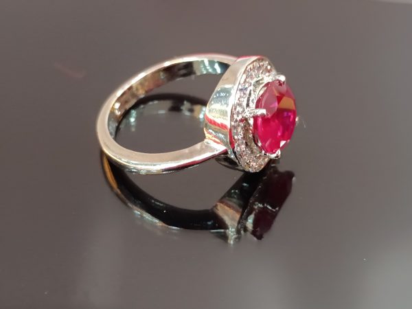 Sterling Silver Ring with Ruby Red CZ Center Stone and Pavé CZ Halo - Image 2