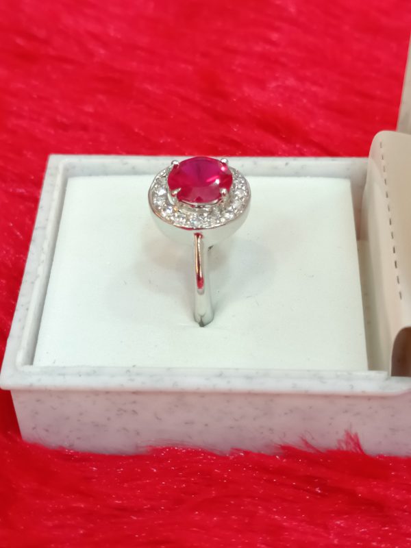 Sterling Silver Ring with Ruby Red CZ Center Stone and Pavé CZ Halo - Image 4