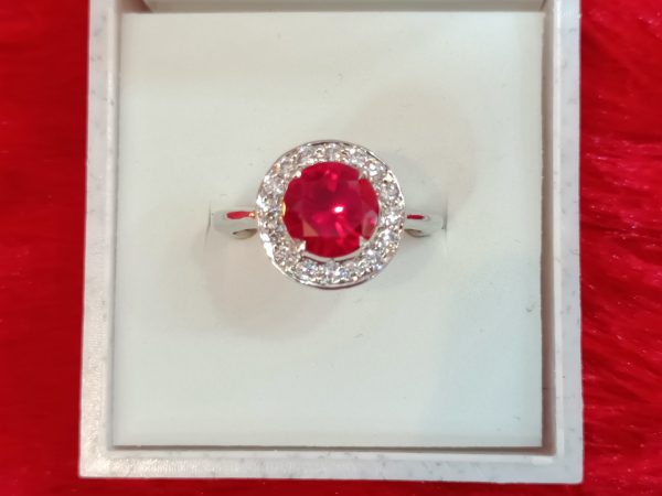 Sterling Silver Ring with Ruby Red CZ Center Stone and Pavé CZ Halo - Image 3