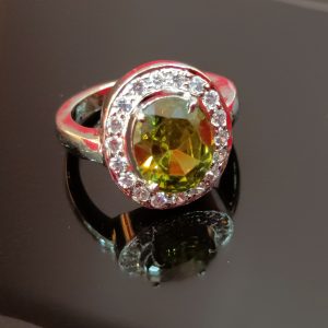 Elegant Silver Ring with Yellow-Green CZ and Halo Accents