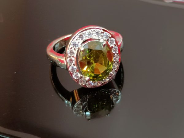 Elegant Silver Ring with Yellow-Green CZ and Halo Accents