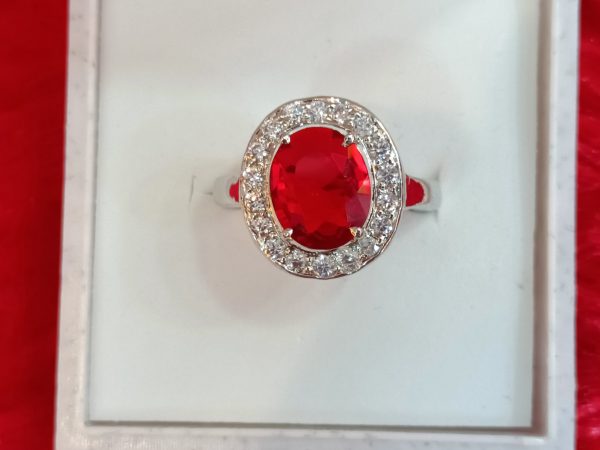 Women's Sterling Silver Ring with Red Oval Center Stone and Halo of White Cubic Zirconia - Image 4
