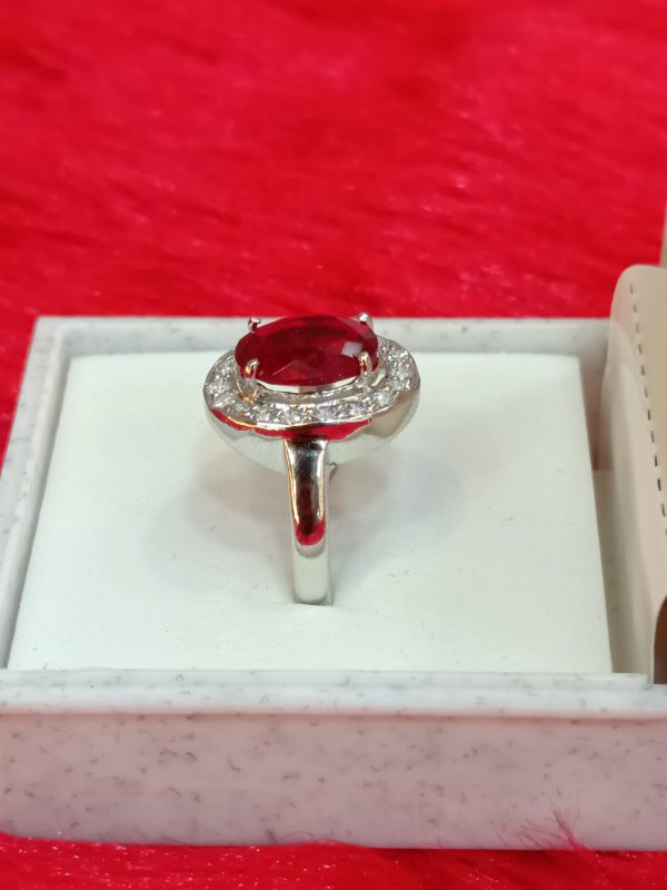 Women's Sterling Silver Ring with Red Oval Center Stone and Halo of White Cubic Zirconia - Image 3