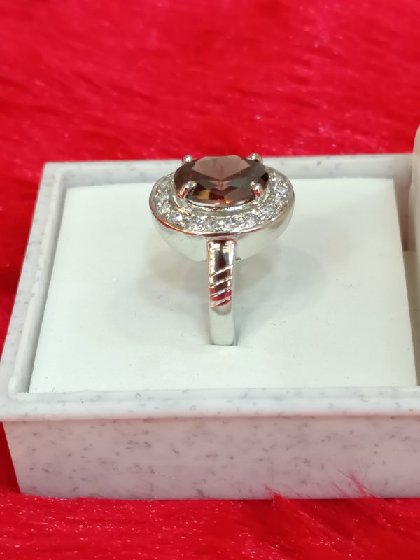 Elegant Oval-Cut Brown Gemstone Ring with Halo Setting in Sterling Silver - Image 5