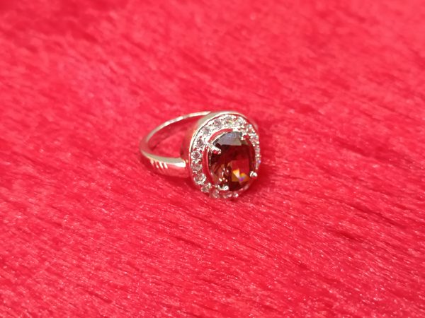 Elegant Oval-Cut Brown Gemstone Ring with Halo Setting in Sterling Silver - Image 3