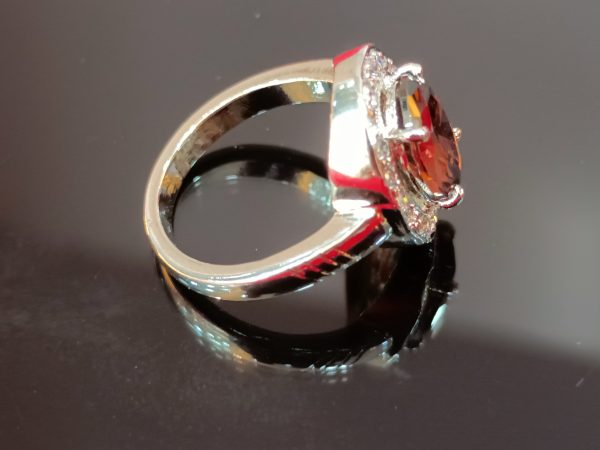 Elegant Oval-Cut Brown Gemstone Ring with Halo Setting in Sterling Silver - Image 2