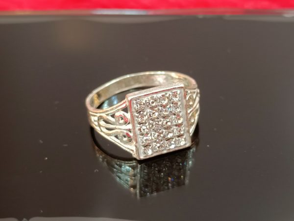 Regal Rectangular Cluster Silver Ring – Ornate & Sparkling Statement