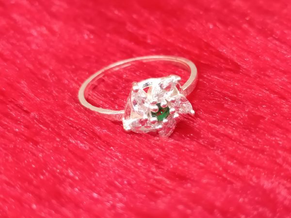 Silver Floral Cluster Ring with Green Center Stone