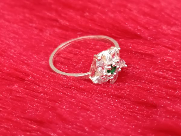 Silver Floral Cluster Ring with Green Center Stone - Image 2