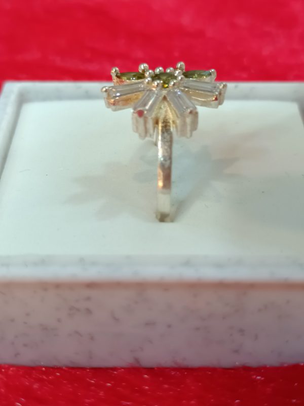 Ring with Olive Green Petals and Clear Baguette Stones - Image 2