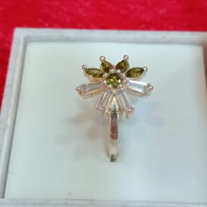 Ring with Olive Green Petals and Clear Baguette Stones