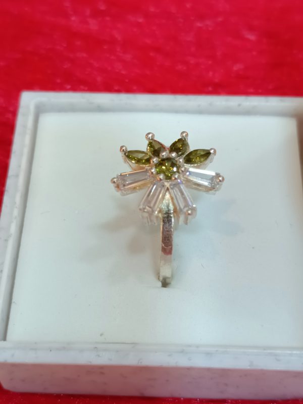 Ring with Olive Green Petals and Clear Baguette Stones