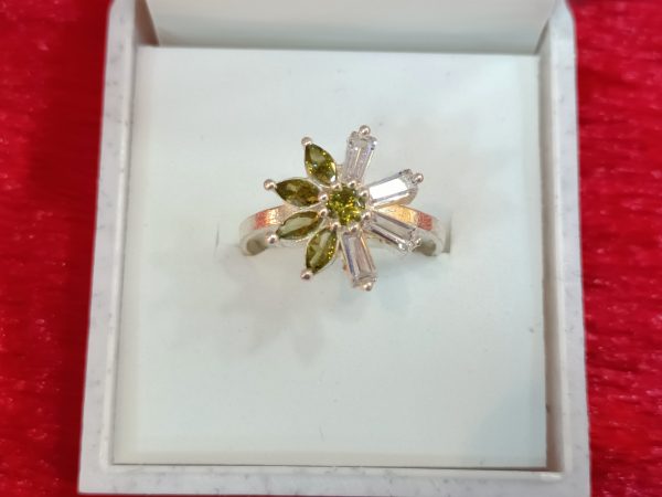 Ring with Olive Green Petals and Clear Baguette Stones - Image 3