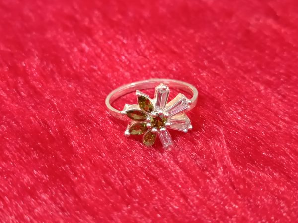 Ring with Olive Green Petals and Clear Baguette Stones - Image 4