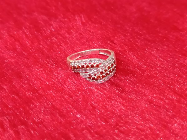 Silver Twist Ring with Red and White Stones - Image 4