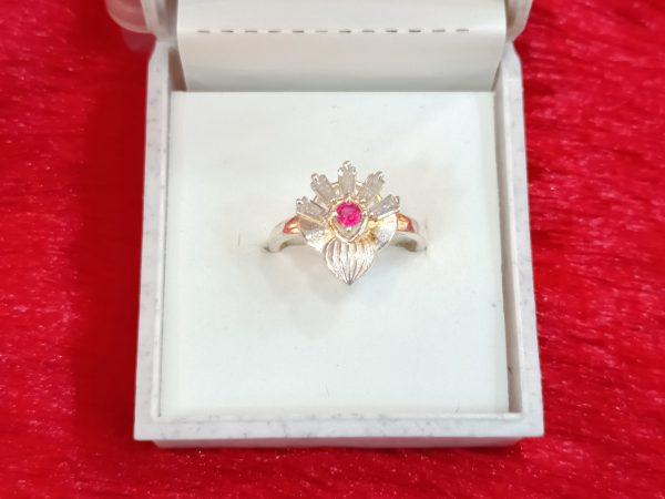 Silver Ring with Ruby Center and Crystal Accents