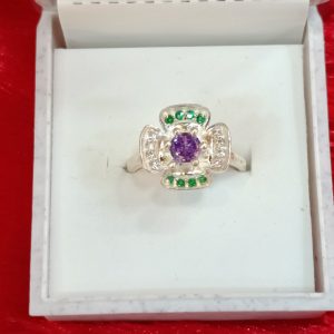 Silver Floral Ring with Amethyst and Emerald Accents