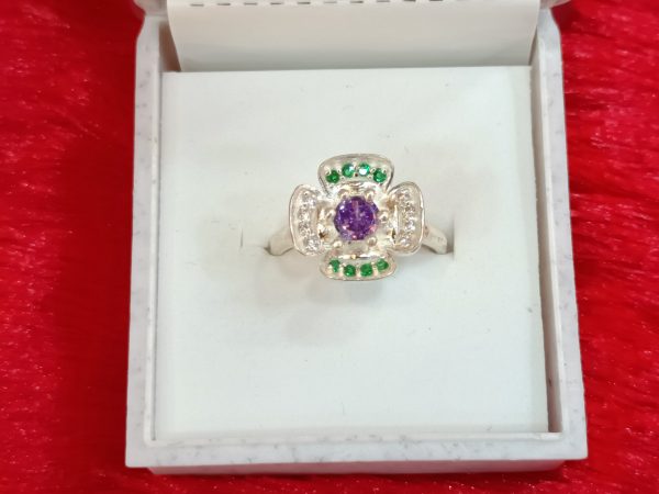 Silver Floral Ring with Amethyst and Emerald Accents