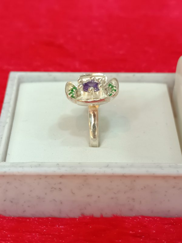 Silver Floral Ring with Amethyst and Emerald Accents - Image 2