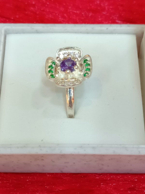 Silver Floral Ring with Amethyst and Emerald Accents - Image 3