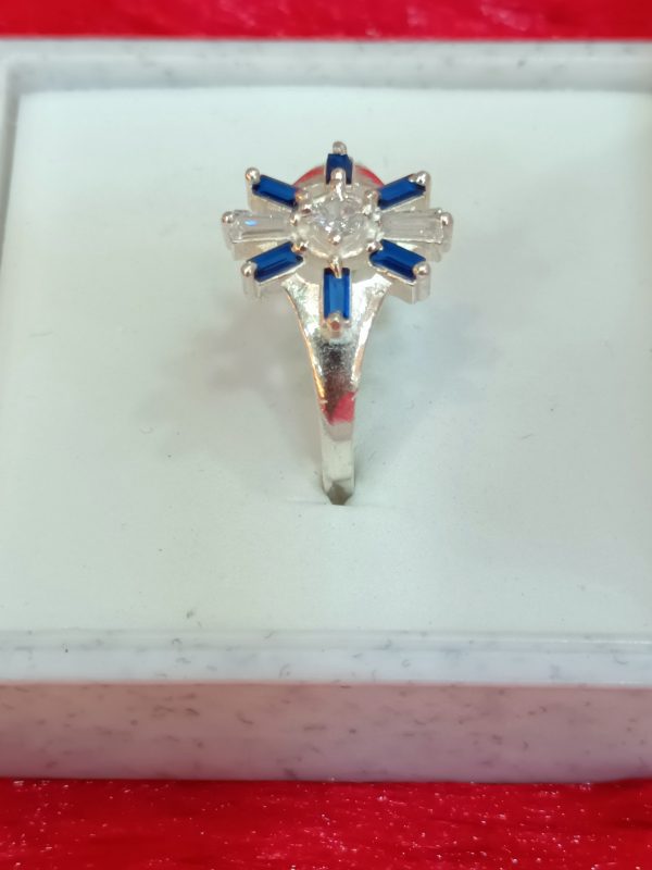 Silver-tone ring with blue and clear stones