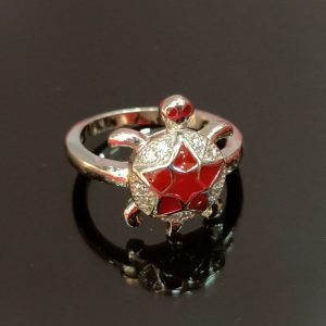 Sterling Silver Turtle Ring with Red Enamel and Crystal Accents – Playful Charm with Ocean-Inspired Elegance