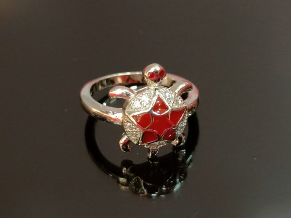 Sterling Silver Turtle Ring with Red Enamel and Crystal Accents – Playful Charm with Ocean-Inspired Elegance