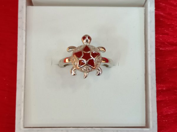 Sterling Silver Turtle Ring with Red Enamel and Crystal Accents – Playful Charm with Ocean-Inspired Elegance - Image 3