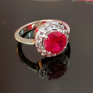 Sterling Silver Ring with Ruby Red CZ Center Stone and Pavé CZ Halo