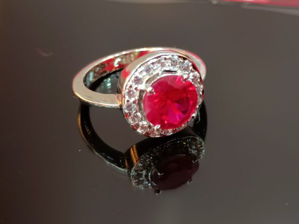 Sterling Silver Ring with Ruby Red CZ Center Stone and Pavé CZ Halo