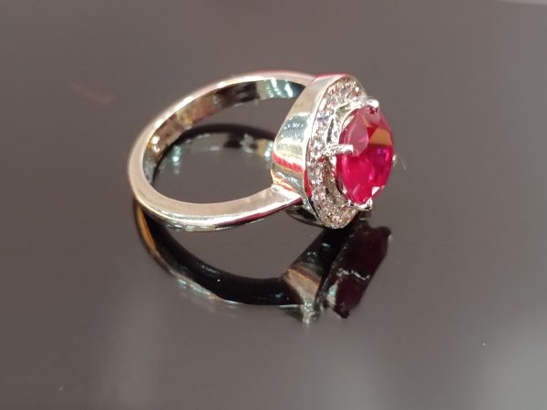 Sterling Silver Ring with Ruby Red CZ Center Stone and Pavé CZ Halo - Image 2