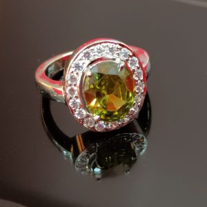 Elegant Silver Ring with Yellow-Green CZ and Halo Accents