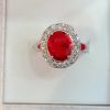 Women's Sterling Silver Ring with Red Oval Center Stone and Halo of White Cubic Zirconia - Image 4