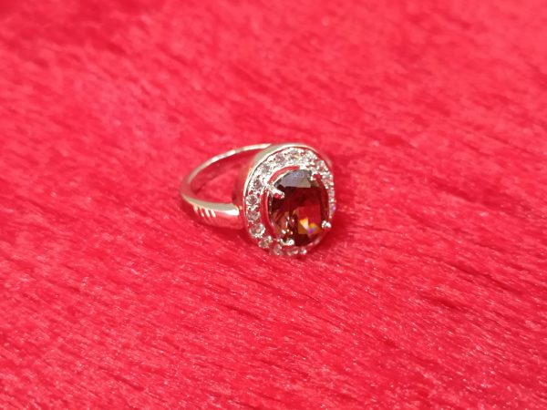 Elegant Oval-Cut Brown Stone Ring with Halo Setting in Sterling Silver - Image 3